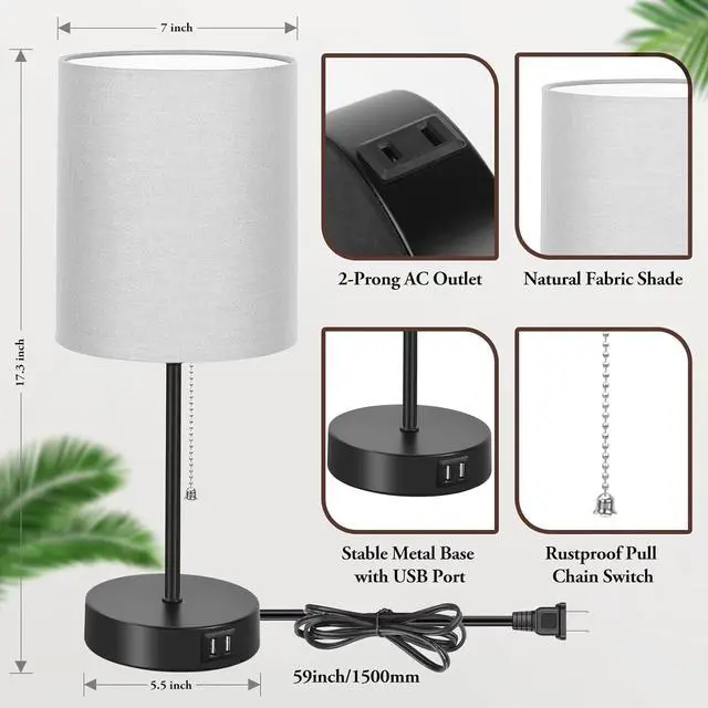 Alt view image 5 of 7 - 17.3 Table Lamps Set of 2 with 2 USB & AC Outlet, Bedside Nightstand Lamps for Bedroom Living Room Kids Room, Desk Lamp with Pull Chain Switch & Fabric Shade for Office Reading Nursery, Grey