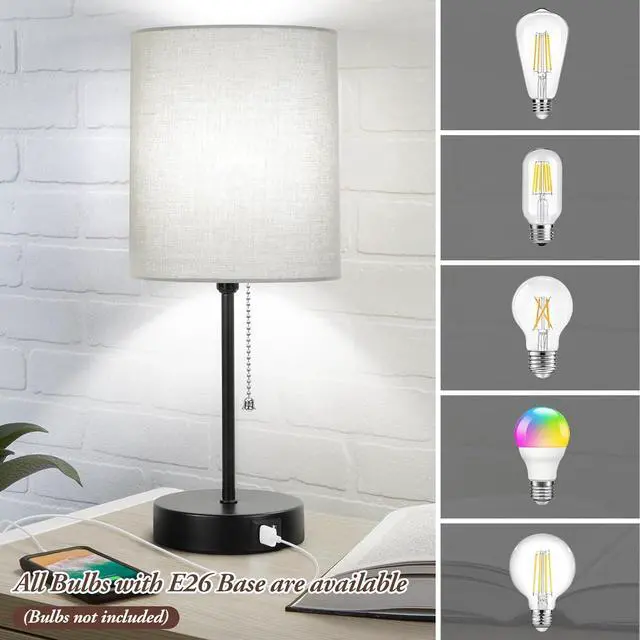 Alt view image 6 of 7 - 17.3 Table Lamps Set of 2 with 2 USB & AC Outlet, Bedside Nightstand Lamps for Bedroom Living Room Kids Room, Desk Lamp with Pull Chain Switch & Fabric Shade for Office Reading Nursery, Grey