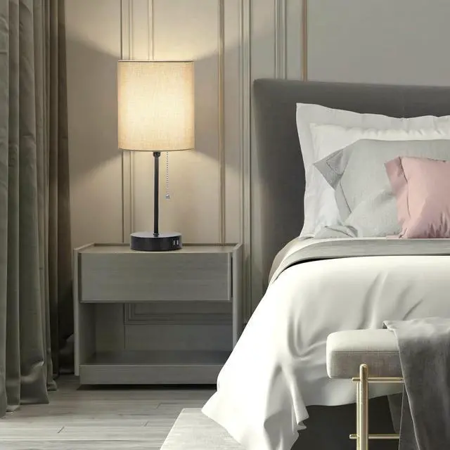 Alt view image 7 of 7 - 17.3 Table Lamps Set of 2 with 2 USB & AC Outlet, Bedside Nightstand Lamps for Bedroom Living Room Kids Room, Desk Lamp with Pull Chain Switch & Fabric Shade for Office Reading Nursery, Grey