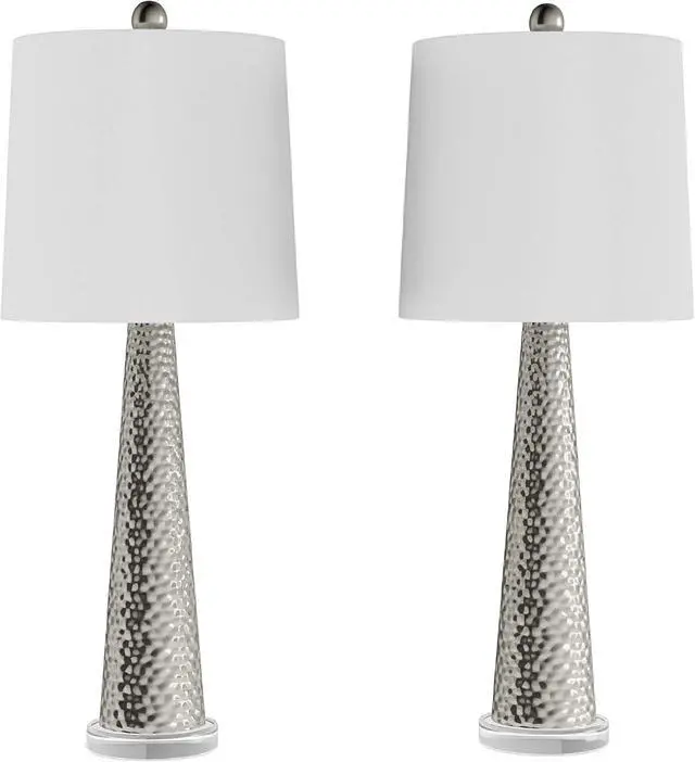 Alt view image 2 of 6 - Table Lamps - Set of 2 Contemporary Hammered Glass Lights for Bedroom, Living Room, and Office with Energy-Efficient LED Bulbs by Lavish Home (Silver)