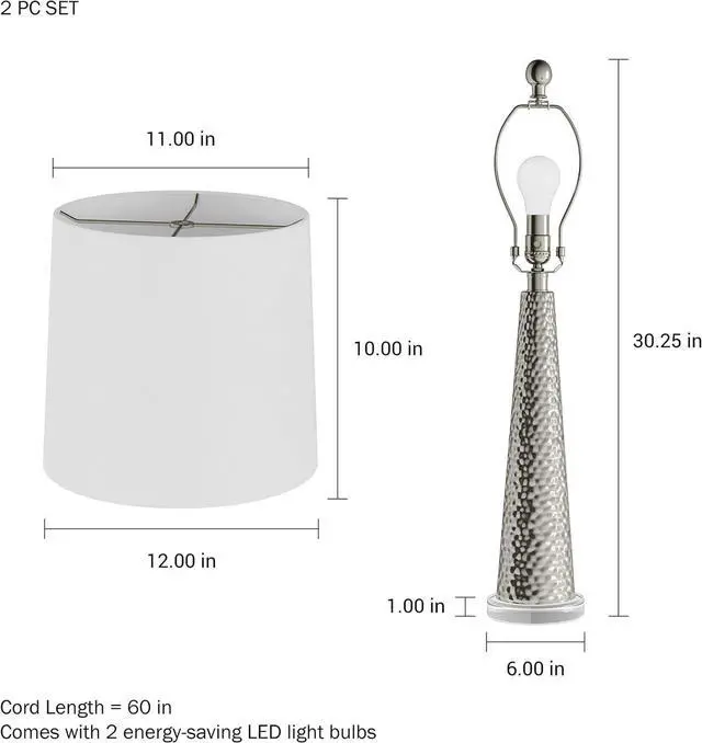 Alt view image 3 of 6 - Table Lamps - Set of 2 Contemporary Hammered Glass Lights for Bedroom, Living Room, and Office with Energy-Efficient LED Bulbs by Lavish Home (Silver)