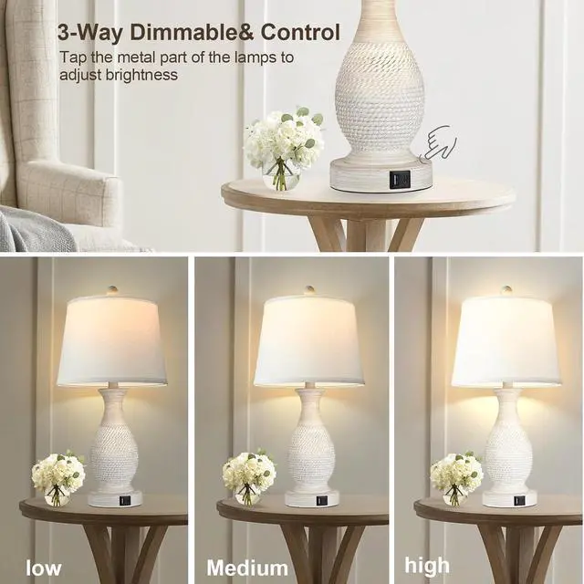 Alt view image 3 of 7 - PARTPHONER Table Lamps Set of 2, Bedside Touch Lamp with USB C+A Charging Ports, Side Table Lamp with White Fabric Shade (LED Bulbs Included)