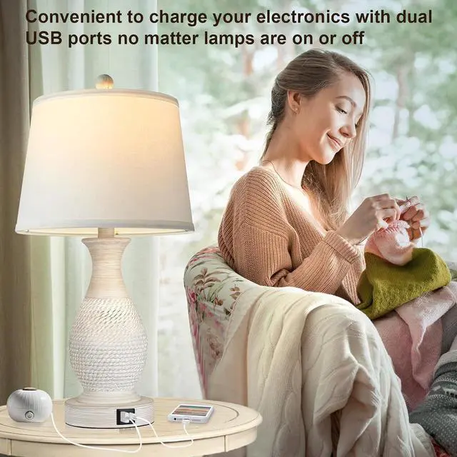 Alt view image 5 of 7 - PARTPHONER Table Lamps Set of 2, Bedside Touch Lamp with USB C+A Charging Ports, Side Table Lamp with White Fabric Shade (LED Bulbs Included)