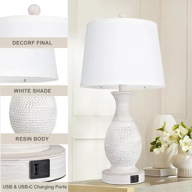 Alt view image 7 of 7 - PARTPHONER Table Lamps Set of 2, Bedside Touch Lamp with USB C+A Charging Ports, Side Table Lamp with White Fabric Shade (LED Bulbs Included)