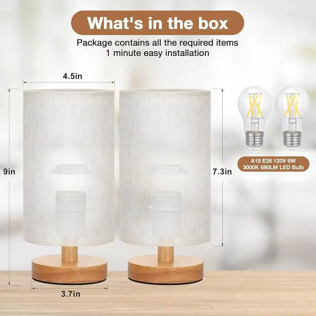 Alt view image 2 of 7 - Fenmzee Small Lamps Set of 2 - Inline Control, Bedside Table Lamp for Bedroom with 3000K A15 LED Blub, Easy Assembly (Cream Shade - Wood Base Set of 2, 9" Inline Control)