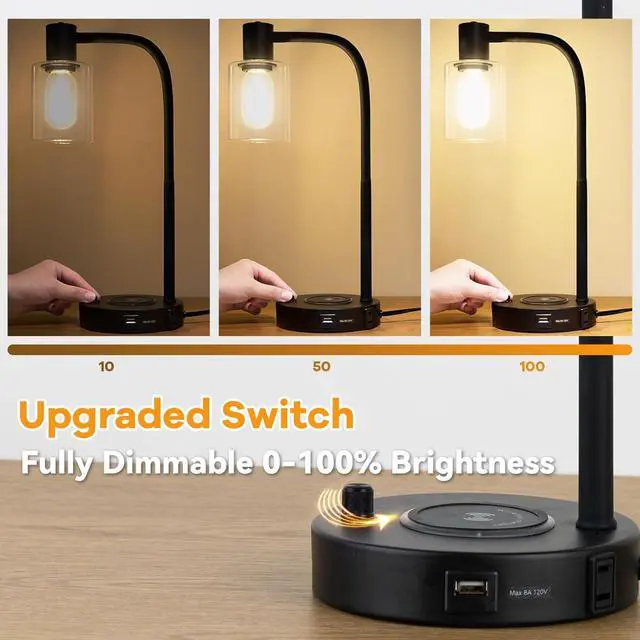 Alt view image 3 of 7 - Industrial Table Lamp with Wireless Charing, Fully Stepless Dimmable Lamps Nightstand Lamps, Desk Lamp with Glass Shade Reading Lamp for Office Living Room (Black 02)