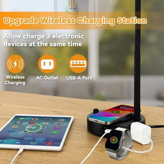 Alt view image 4 of 7 - Industrial Table Lamp with Wireless Charing, Fully Stepless Dimmable Lamps Nightstand Lamps, Desk Lamp with Glass Shade Reading Lamp for Office Living Room (Black 02)