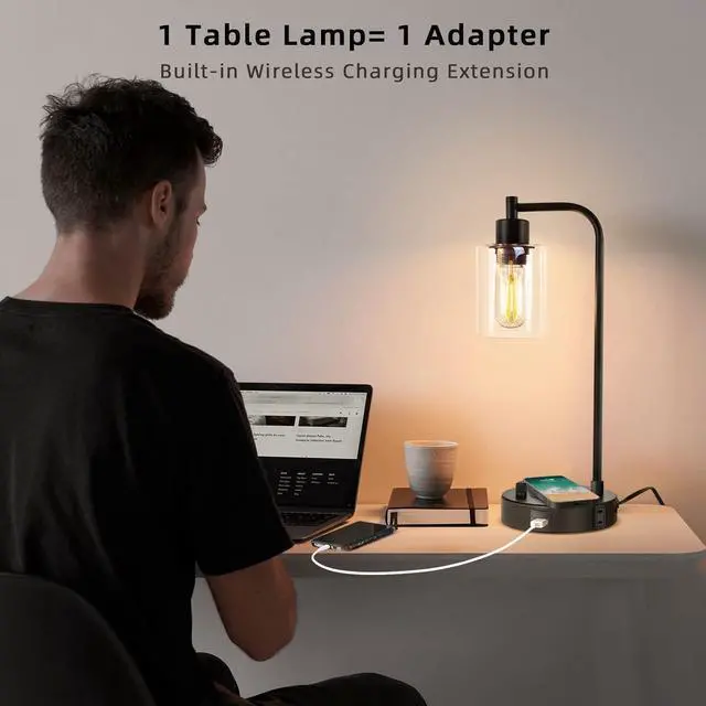 Alt view image 5 of 7 - Industrial Table Lamp with Wireless Charing, Fully Stepless Dimmable Lamps Nightstand Lamps, Desk Lamp with Glass Shade Reading Lamp for Office Living Room (Black 02)