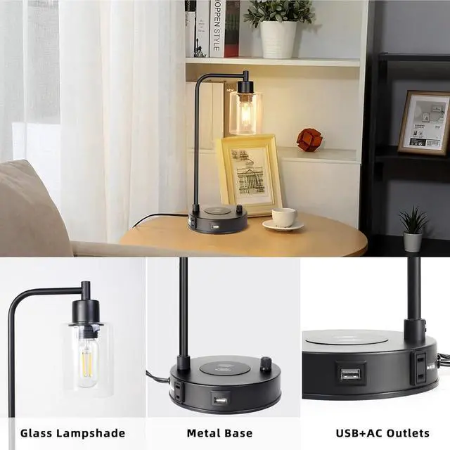 Alt view image 6 of 7 - Industrial Table Lamp with Wireless Charing, Fully Stepless Dimmable Lamps Nightstand Lamps, Desk Lamp with Glass Shade Reading Lamp for Office Living Room (Black 02)