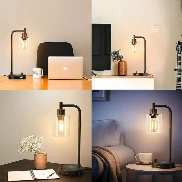 Alt view image 7 of 7 - Industrial Table Lamp with Wireless Charing, Fully Stepless Dimmable Lamps Nightstand Lamps, Desk Lamp with Glass Shade Reading Lamp for Office Living Room (Black 02)