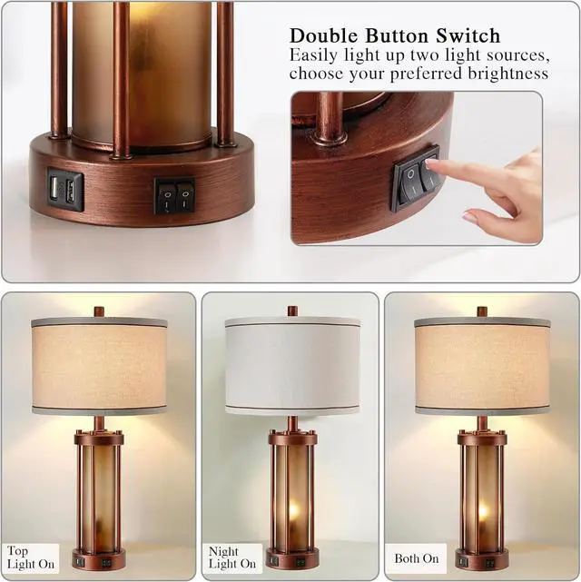 Alt view image 2 of 7 - Set of 2 Farmhouse Table Lamps for Living Room, Rustic Bedside Lamps with 2 USB Charging Ports, Bedroom Nightstand Lamp with Amber Frosted Glass Nightlight, 4 Bulbs Includes