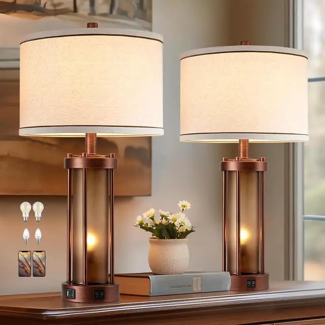 Main image of Set of 2 Farmhouse Table Lamps for Living Room, Rustic Bedside Lamps with 2 USB Charging Ports, Bedroom Nightstand Lamp with Amber Frosted Glass Nightlight, 4 Bulbs Includes