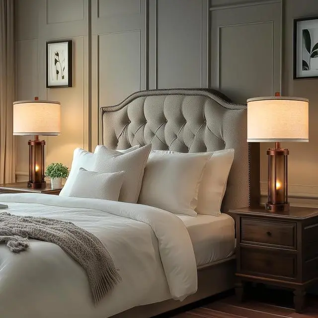 Alt view image 3 of 7 - Set of 2 Farmhouse Table Lamps for Living Room, Rustic Bedside Lamps with 2 USB Charging Ports, Bedroom Nightstand Lamp with Amber Frosted Glass Nightlight, 4 Bulbs Includes