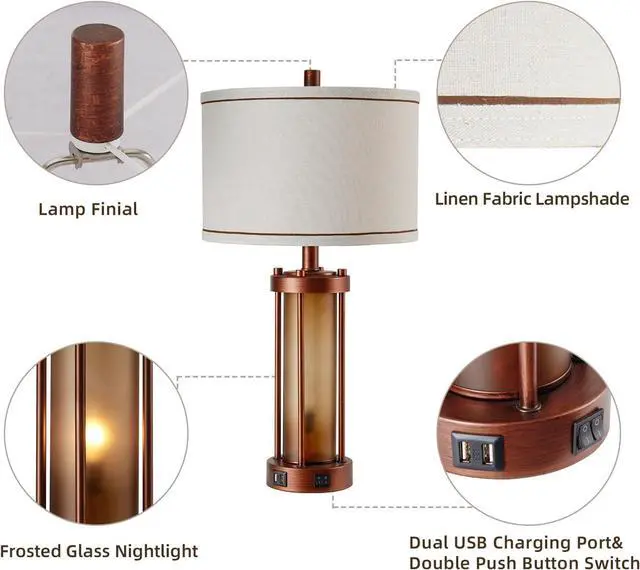 Alt view image 5 of 7 - Set of 2 Farmhouse Table Lamps for Living Room, Rustic Bedside Lamps with 2 USB Charging Ports, Bedroom Nightstand Lamp with Amber Frosted Glass Nightlight, 4 Bulbs Includes