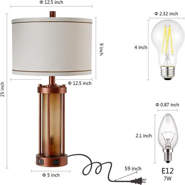 Alt view image 6 of 7 - Set of 2 Farmhouse Table Lamps for Living Room, Rustic Bedside Lamps with 2 USB Charging Ports, Bedroom Nightstand Lamp with Amber Frosted Glass Nightlight, 4 Bulbs Includes