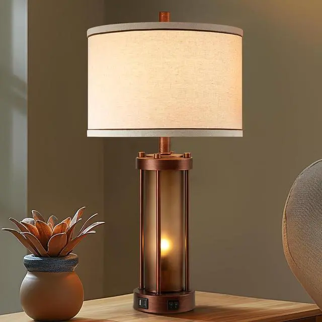 Alt view image 7 of 7 - Set of 2 Farmhouse Table Lamps for Living Room, Rustic Bedside Lamps with 2 USB Charging Ports, Bedroom Nightstand Lamp with Amber Frosted Glass Nightlight, 4 Bulbs Includes