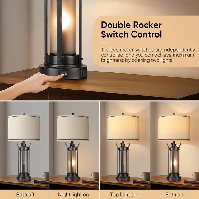 Alt view image 2 of 6 - QiMH Farmhouse Table Lamps for Living Room, Beside Lamps for Bedroom with USB A+C Charging Ports, Rustic Nightstand Lamp Set of 2 with Frosted Glass Night Light, 4 Bulbs Included (Black)