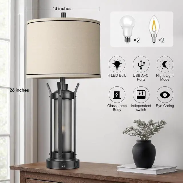 Alt view image 4 of 6 - QiMH Farmhouse Table Lamps for Living Room, Beside Lamps for Bedroom with USB A+C Charging Ports, Rustic Nightstand Lamp Set of 2 with Frosted Glass Night Light, 4 Bulbs Included (Black)