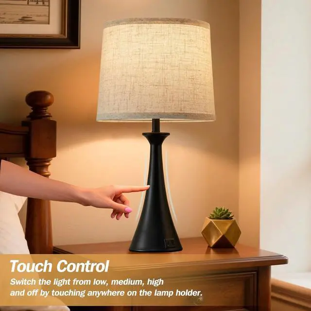 Alt view image 3 of 7 - Touch Table Lamp for Living Room Bedroom, 21" Table Lamps Set of 2 with USB C+A Ports, Touch Bedside Lamps for Nightstand with 3 Way Dimmable, 2 LED Bulbs Included, Black
