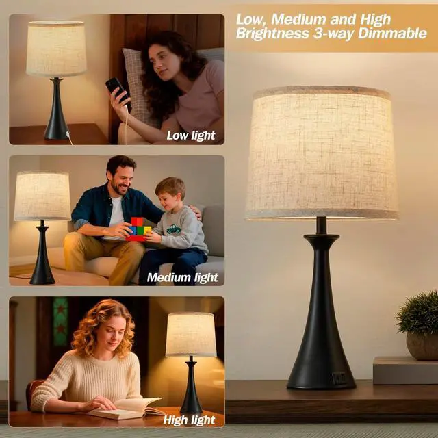 Alt view image 4 of 7 - Touch Table Lamp for Living Room Bedroom, 21" Table Lamps Set of 2 with USB C+A Ports, Touch Bedside Lamps for Nightstand with 3 Way Dimmable, 2 LED Bulbs Included, Black