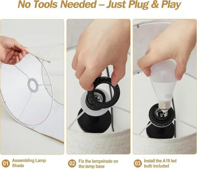 Alt view image 6 of 7 - Touch Table Lamp for Living Room Bedroom, 21" Table Lamps Set of 2 with USB C+A Ports, Touch Bedside Lamps for Nightstand with 3 Way Dimmable, 2 LED Bulbs Included, Black