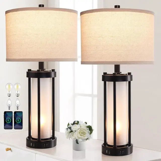 Main image of RORIA Set of 2 Modern Table Lamps for Living Room with 2 USB Ports, White Frosted Glass Nightlight for Bedroom, Contemporary Desk Lamps for Nightstand End Table Entryway, 4 Bulbs Included (Black)