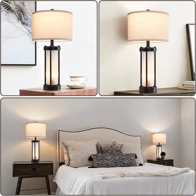 Alt view image 4 of 7 - RORIA Set of 2 Modern Table Lamps for Living Room with 2 USB Ports, White Frosted Glass Nightlight for Bedroom, Contemporary Desk Lamps for Nightstand End Table Entryway, 4 Bulbs Included (Black)