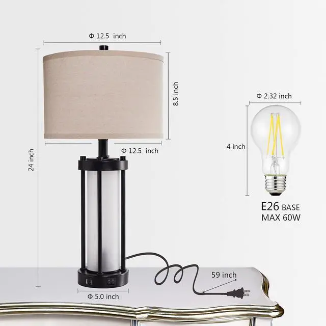 Alt view image 5 of 7 - RORIA Set of 2 Modern Table Lamps for Living Room with 2 USB Ports, White Frosted Glass Nightlight for Bedroom, Contemporary Desk Lamps for Nightstand End Table Entryway, 4 Bulbs Included (Black)