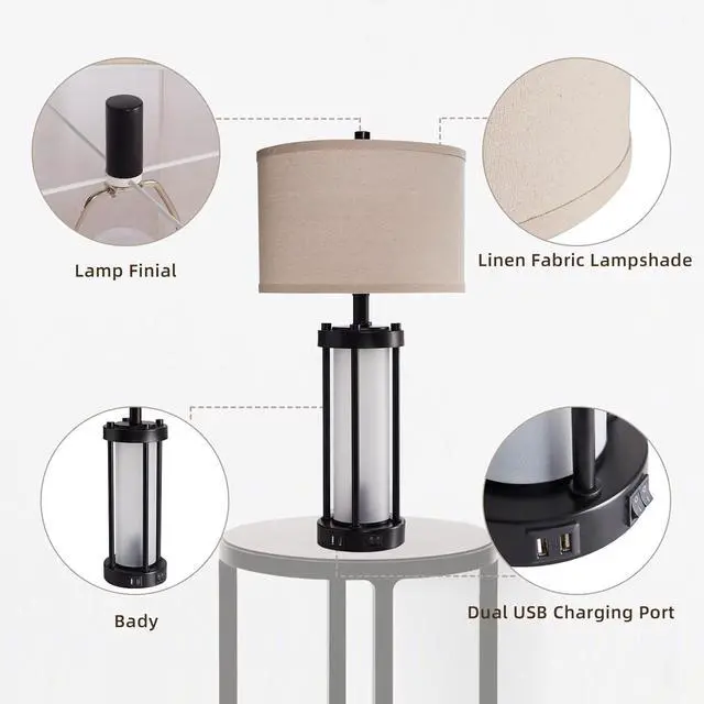 Alt view image 6 of 7 - RORIA Set of 2 Modern Table Lamps for Living Room with 2 USB Ports, White Frosted Glass Nightlight for Bedroom, Contemporary Desk Lamps for Nightstand End Table Entryway, 4 Bulbs Included (Black)