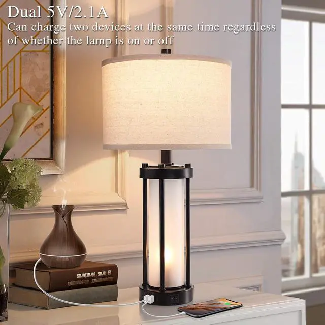 Alt view image 7 of 7 - RORIA Set of 2 Modern Table Lamps for Living Room with 2 USB Ports, White Frosted Glass Nightlight for Bedroom, Contemporary Desk Lamps for Nightstand End Table Entryway, 4 Bulbs Included (Black)