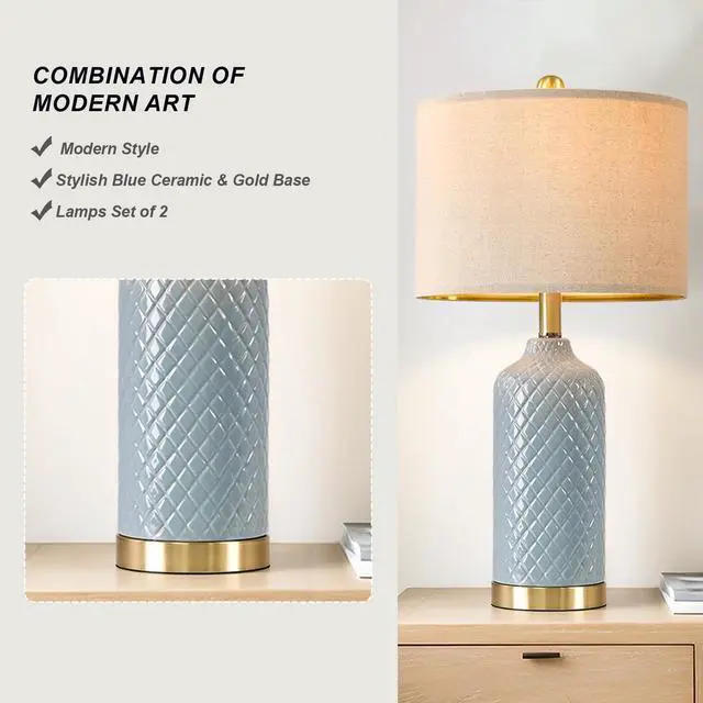 Alt view image 3 of 7 - 24.25" Modern Ceramic Blue Table Lamps Set of 2 for Living Room, Farmhouse, Bedside, Coastal Bedroom, Side & End Tables