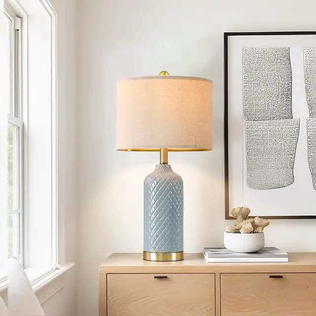 Alt view image 7 of 7 - 24.25" Modern Ceramic Blue Table Lamps Set of 2 for Living Room, Farmhouse, Bedside, Coastal Bedroom, Side & End Tables