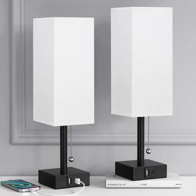 Main image of Bedside Table Lamps Set of 2 - Small White Bedroom Lamps with 3 Color Temperatures (3000K/5000K/4000K), Square Nightstand Lamp with USB C + A Charging Ports, Pull Chain Night Light