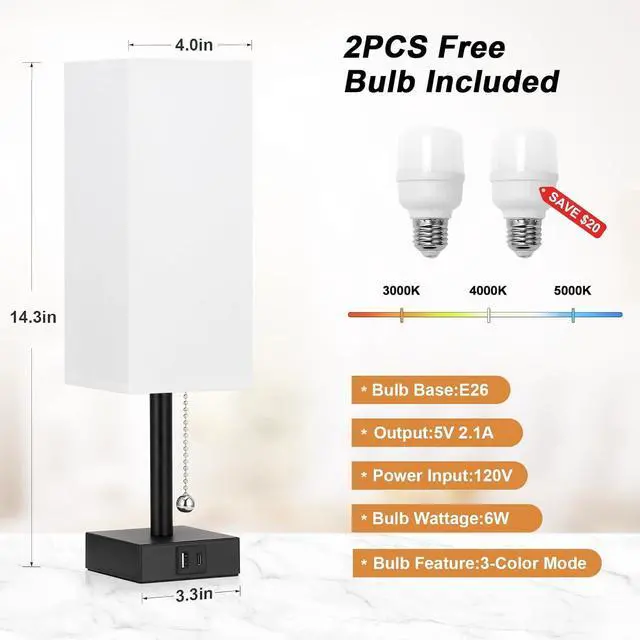 Alt view image 5 of 7 - Bedside Table Lamps Set of 2 - Small White Bedroom Lamps with 3 Color Temperatures (3000K/5000K/4000K), Square Nightstand Lamp with USB C + A Charging Ports, Pull Chain Night Light