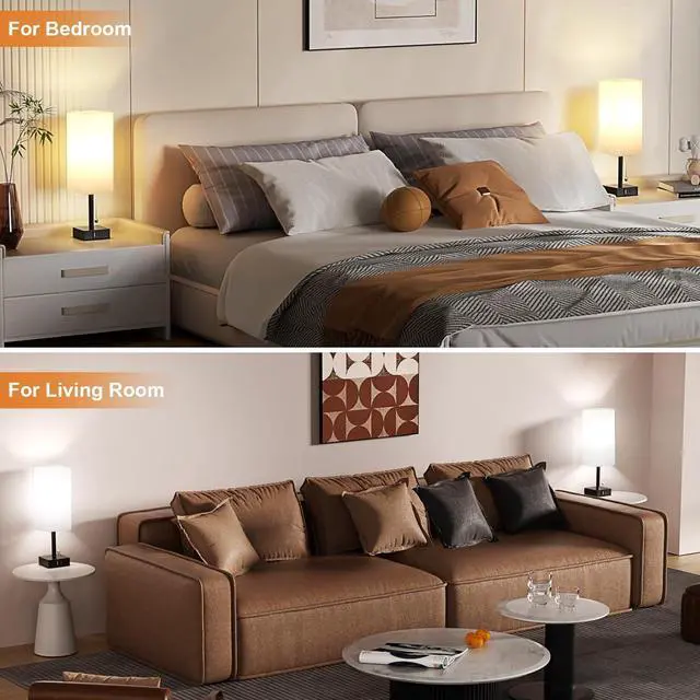 Alt view image 6 of 7 - Bedside Table Lamps Set of 2 - Small White Bedroom Lamps with 3 Color Temperatures (3000K/5000K/4000K), Square Nightstand Lamp with USB C + A Charging Ports, Pull Chain Night Light