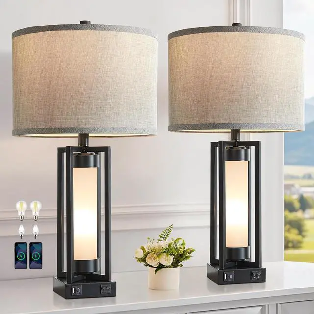 Main image of RORIANO Set of 2 Modern Table Lamps for Living Room with USB C+A Ports, Rustic Nightstand Lamp with White Night Light, Retro Desk Lamp for Bedroom End Table Entryway, 4 Bulb Included (Black)