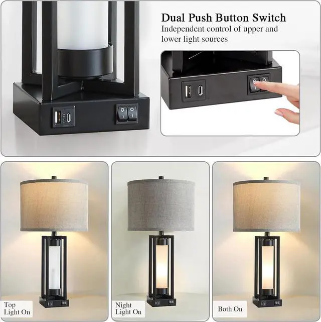 Alt view image 2 of 7 - RORIANO Set of 2 Modern Table Lamps for Living Room with USB C+A Ports, Rustic Nightstand Lamp with White Night Light, Retro Desk Lamp for Bedroom End Table Entryway, 4 Bulb Included (Black)