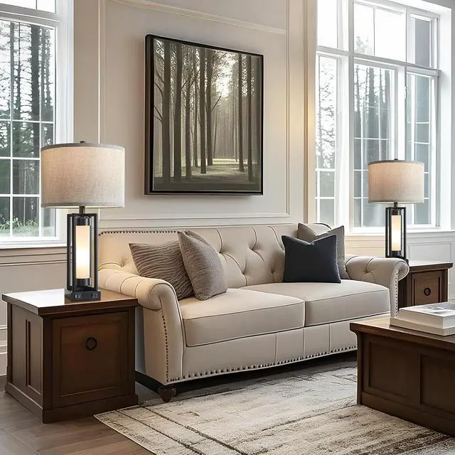 Alt view image 4 of 7 - RORIANO Set of 2 Modern Table Lamps for Living Room with USB C+A Ports, Rustic Nightstand Lamp with White Night Light, Retro Desk Lamp for Bedroom End Table Entryway, 4 Bulb Included (Black)