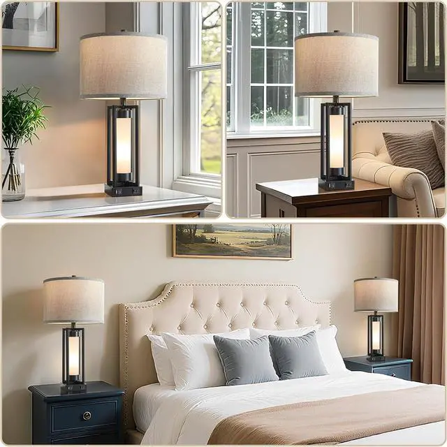 Alt view image 3 of 7 - RORIANO Set of 2 Modern Table Lamps for Living Room with USB C+A Ports, Rustic Nightstand Lamp with White Night Light, Retro Desk Lamp for Bedroom End Table Entryway, 4 Bulb Included (Black)