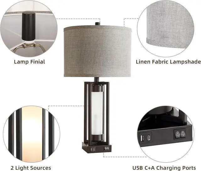 Alt view image 5 of 7 - RORIANO Set of 2 Modern Table Lamps for Living Room with USB C+A Ports, Rustic Nightstand Lamp with White Night Light, Retro Desk Lamp for Bedroom End Table Entryway, 4 Bulb Included (Black)