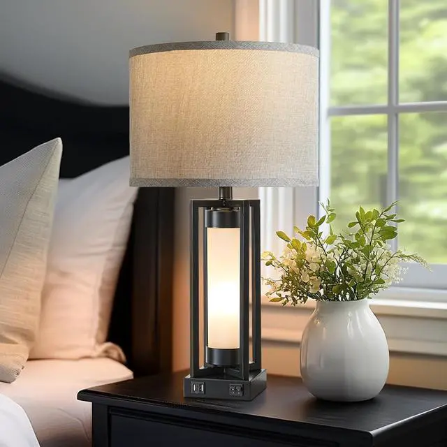 Alt view image 7 of 7 - RORIANO Set of 2 Modern Table Lamps for Living Room with USB C+A Ports, Rustic Nightstand Lamp with White Night Light, Retro Desk Lamp for Bedroom End Table Entryway, 4 Bulb Included (Black)