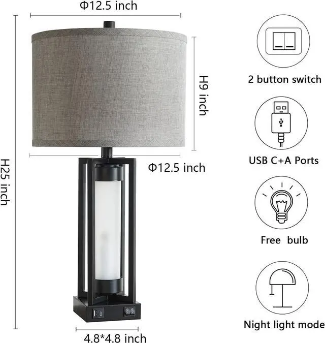 Alt view image 6 of 7 - RORIANO Set of 2 Modern Table Lamps for Living Room with USB C+A Ports, Rustic Nightstand Lamp with White Night Light, Retro Desk Lamp for Bedroom End Table Entryway, 4 Bulb Included (Black)