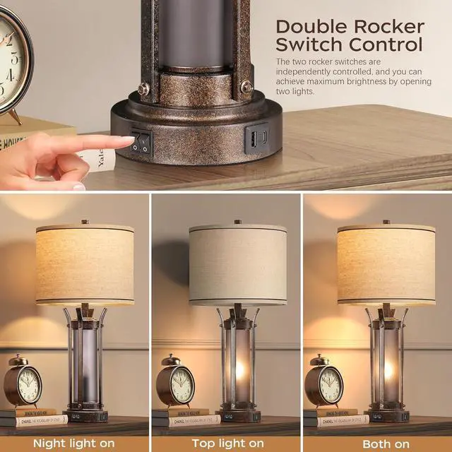 Alt view image 2 of 6 - QiMH Farmhouse Table Lamps for Living Room, Rustic Beside Lamps for Bedroom with USB A+C Charging Ports, Nightstand Lamp with Frosted Glass Night Light for Home Decor, 4 Bulbs Included (Bronze)