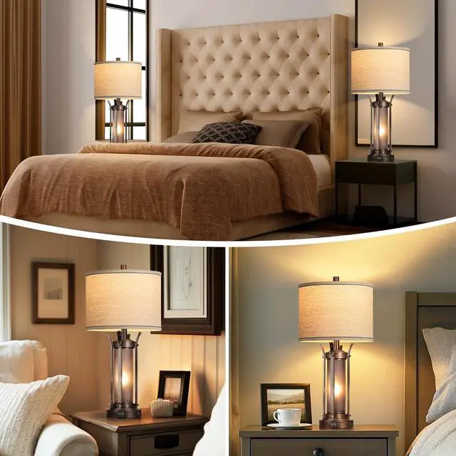 Alt view image 6 of 6 - QiMH Farmhouse Table Lamps for Living Room, Rustic Beside Lamps for Bedroom with USB A+C Charging Ports, Nightstand Lamp with Frosted Glass Night Light for Home Decor, 4 Bulbs Included (Bronze)