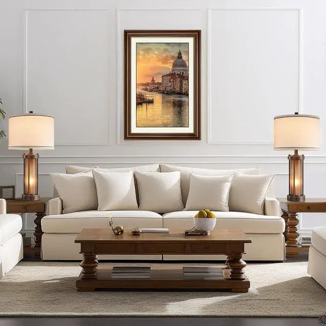 Alt view image 2 of 7 - Set of 2 Farmhouse Table Lamps for Living Room with 2 USB Charging Ports, Vintage Rustic Nightstand Lamps with Amber Glass Nightlight, Retro Desk Lamps for Bedroom Entryway, 4 Bulbs Included (Brown)