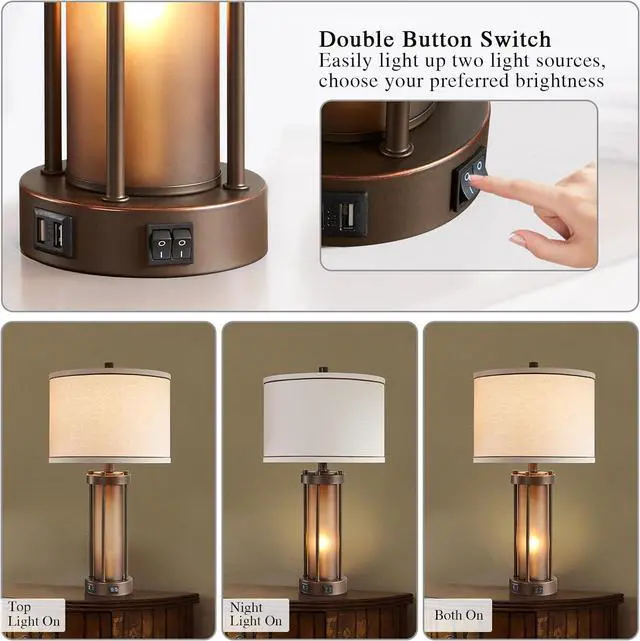 Alt view image 3 of 7 - Set of 2 Farmhouse Table Lamps for Living Room with 2 USB Charging Ports, Vintage Rustic Nightstand Lamps with Amber Glass Nightlight, Retro Desk Lamps for Bedroom Entryway, 4 Bulbs Included (Brown)