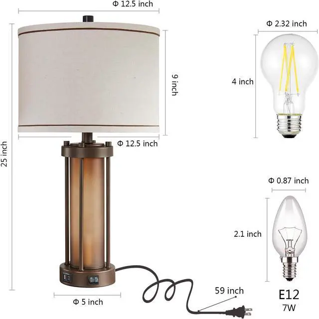 Alt view image 6 of 7 - Set of 2 Farmhouse Table Lamps for Living Room with 2 USB Charging Ports, Vintage Rustic Nightstand Lamps with Amber Glass Nightlight, Retro Desk Lamps for Bedroom Entryway, 4 Bulbs Included (Brown)
