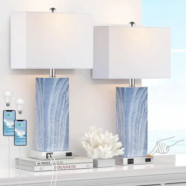 Main image of Touch Control Table Lamps with White Fabric Shade Set of 2, 3-Way Dimmable Modern Ceramic Blue Nightstand Bedside Lamp with 2 USB Ports 1 AC Outlet for Living Room, Bedroom (LED Bulbs Included)