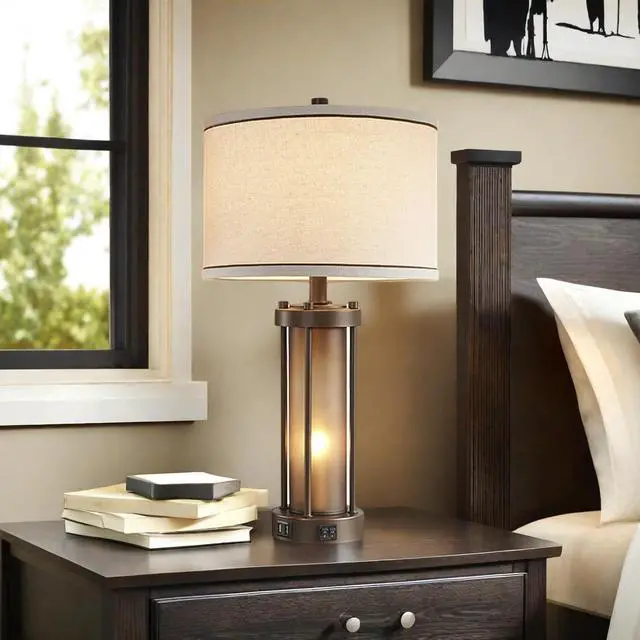 Alt view image 7 of 7 - Set of 2 Farmhouse Table Lamps for Living Room with 2 USB Charging Ports, Vintage Rustic Nightstand Lamps with Amber Glass Nightlight, Retro Desk Lamps for Bedroom Entryway, 4 Bulbs Included (Brown)