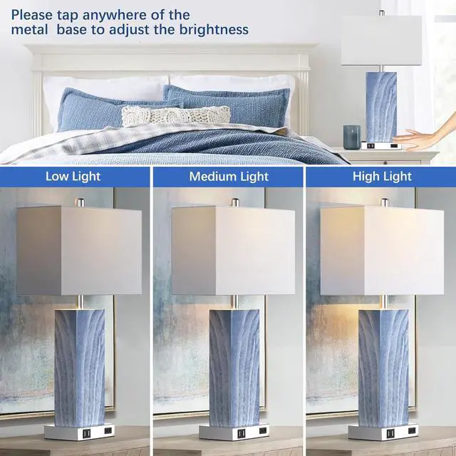 Alt view image 2 of 7 - Touch Control Table Lamps with White Fabric Shade Set of 2, 3-Way Dimmable Modern Ceramic Blue Nightstand Bedside Lamp with 2 USB Ports 1 AC Outlet for Living Room, Bedroom (LED Bulbs Included)